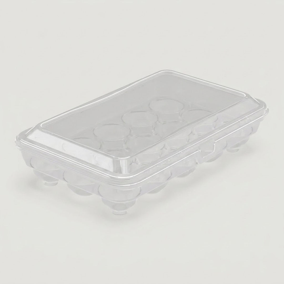A clear plastic egg carton with a matching transparent lid, photographed on a plain light gray background.