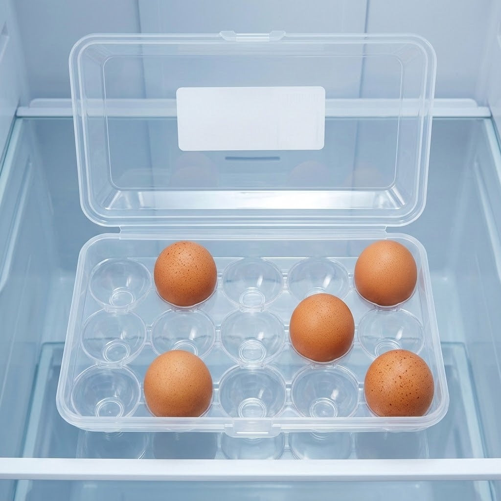 A clear plastic egg storage tray with six egg cups, containing four brown eggs, shown inside a refrigerator drawer.