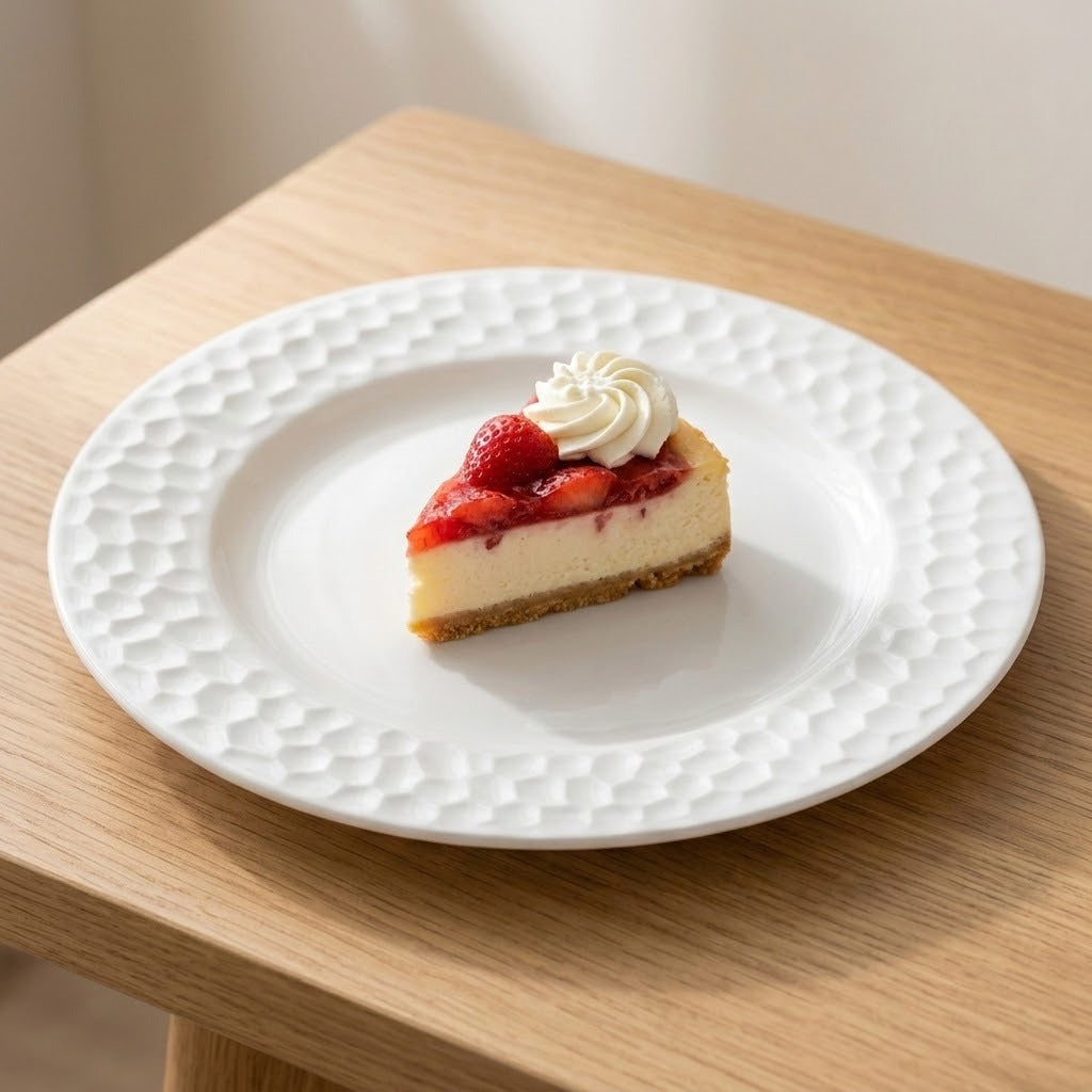 A white ceramic plate with a textured, dimpled border sits on a light wood table, holding a slice of strawberry cheesecake topped with whipped cream.