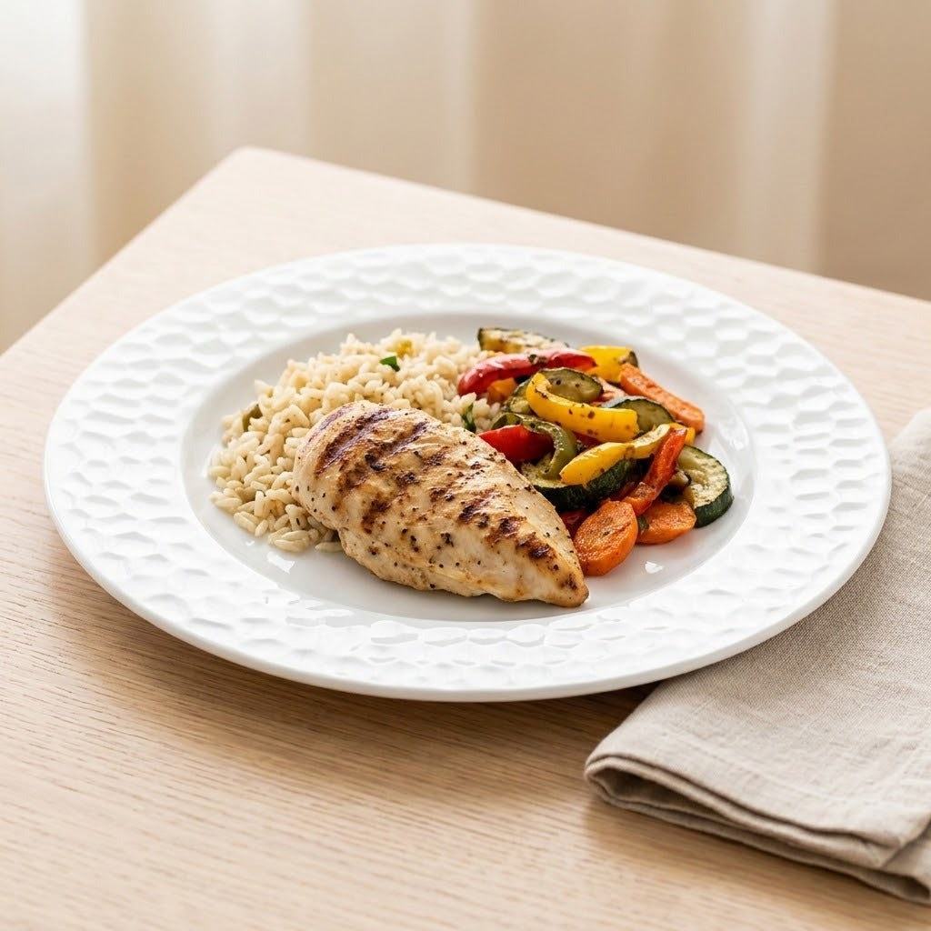 A white ceramic plate with a textured, dimpled pattern, holding a cooked chicken breast, rice, and mixed vegetables, set on a light wood table next to a beige napkin.