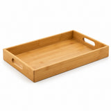 One rectangular bamboo and wood serving tray stands alone on a pure white studio background.