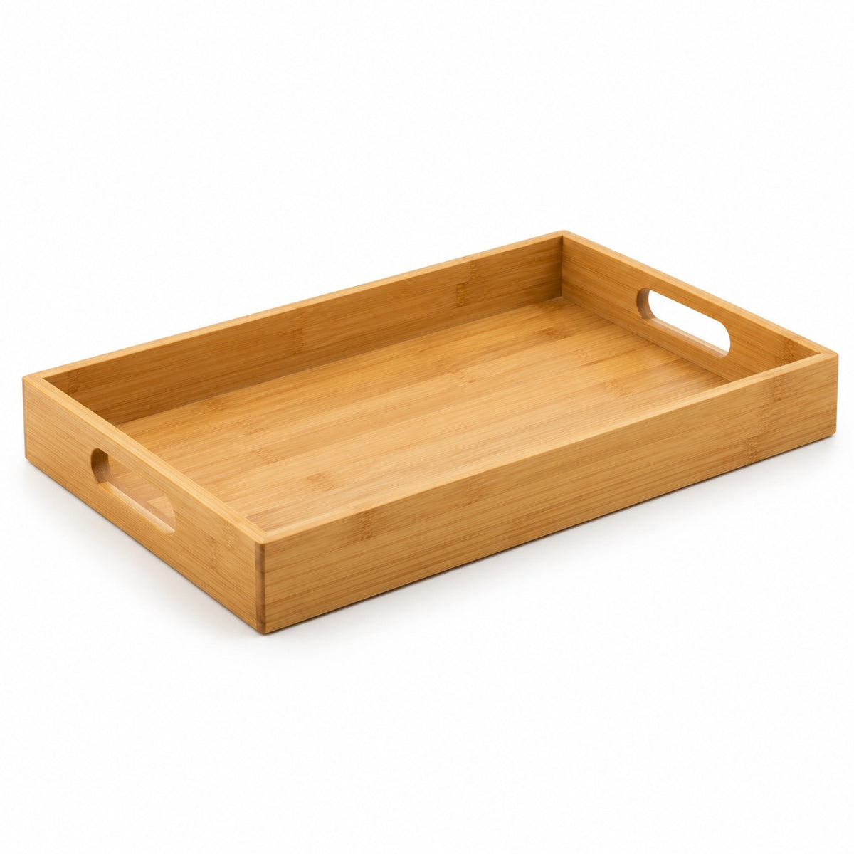 One rectangular bamboo and wood serving tray stands alone on a pure white studio background.