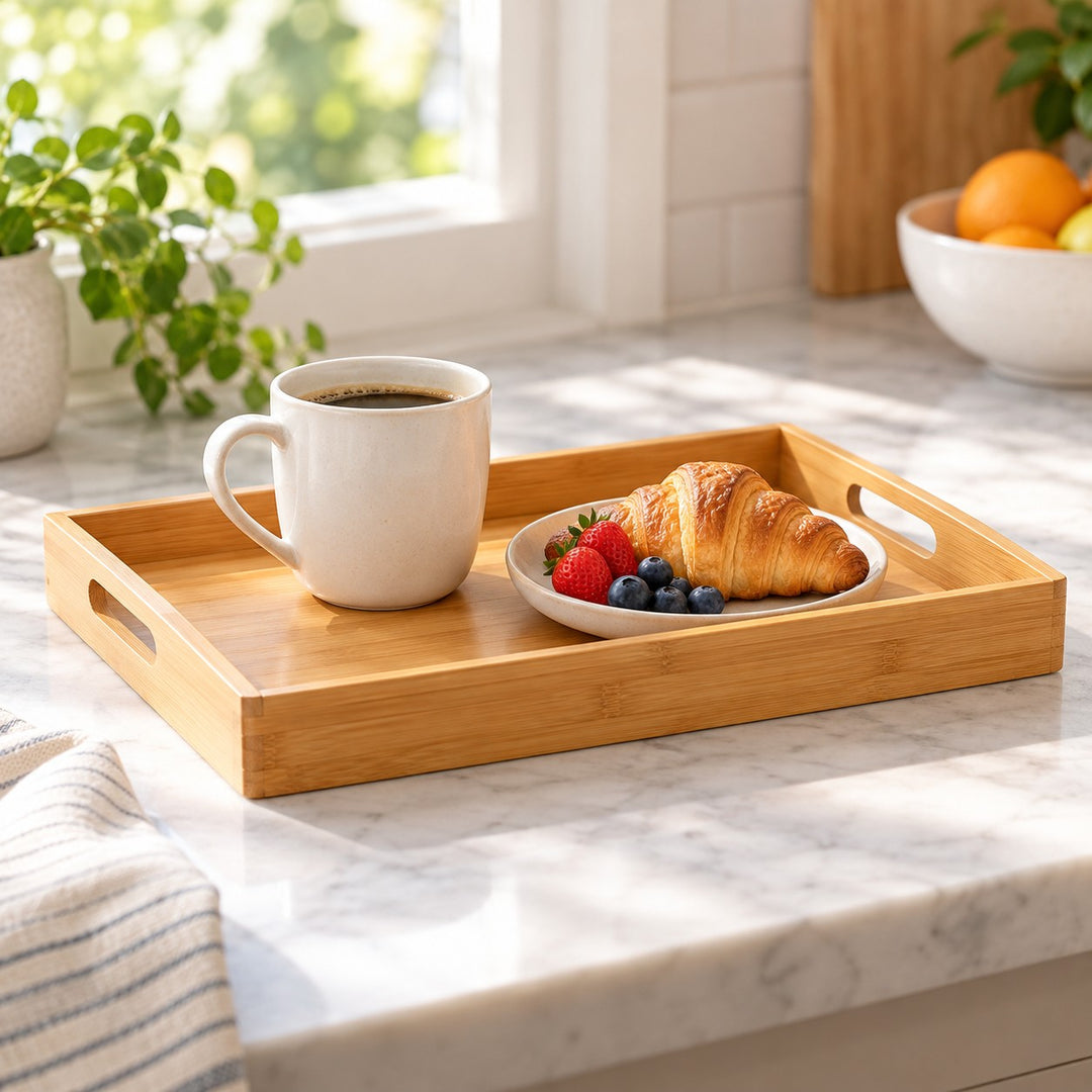 Bamboo and wood serving tray keeps a cup and plate together on a bright breakfast table.