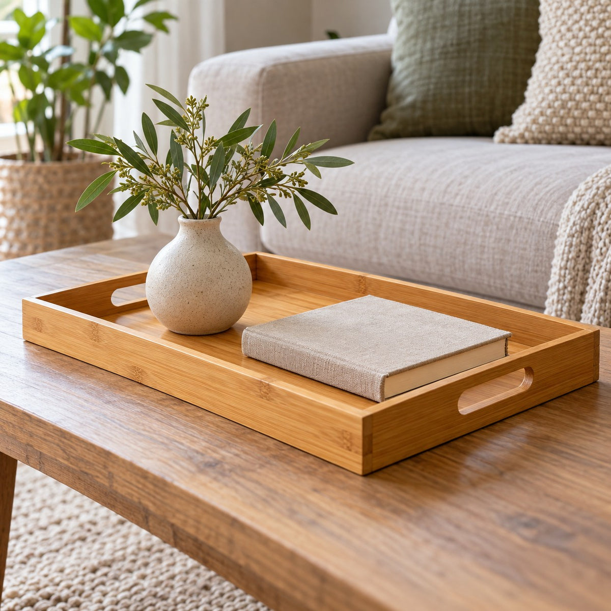 Bamboo and wood serving tray organizes a vase and book on a softly lit living room coffee table.