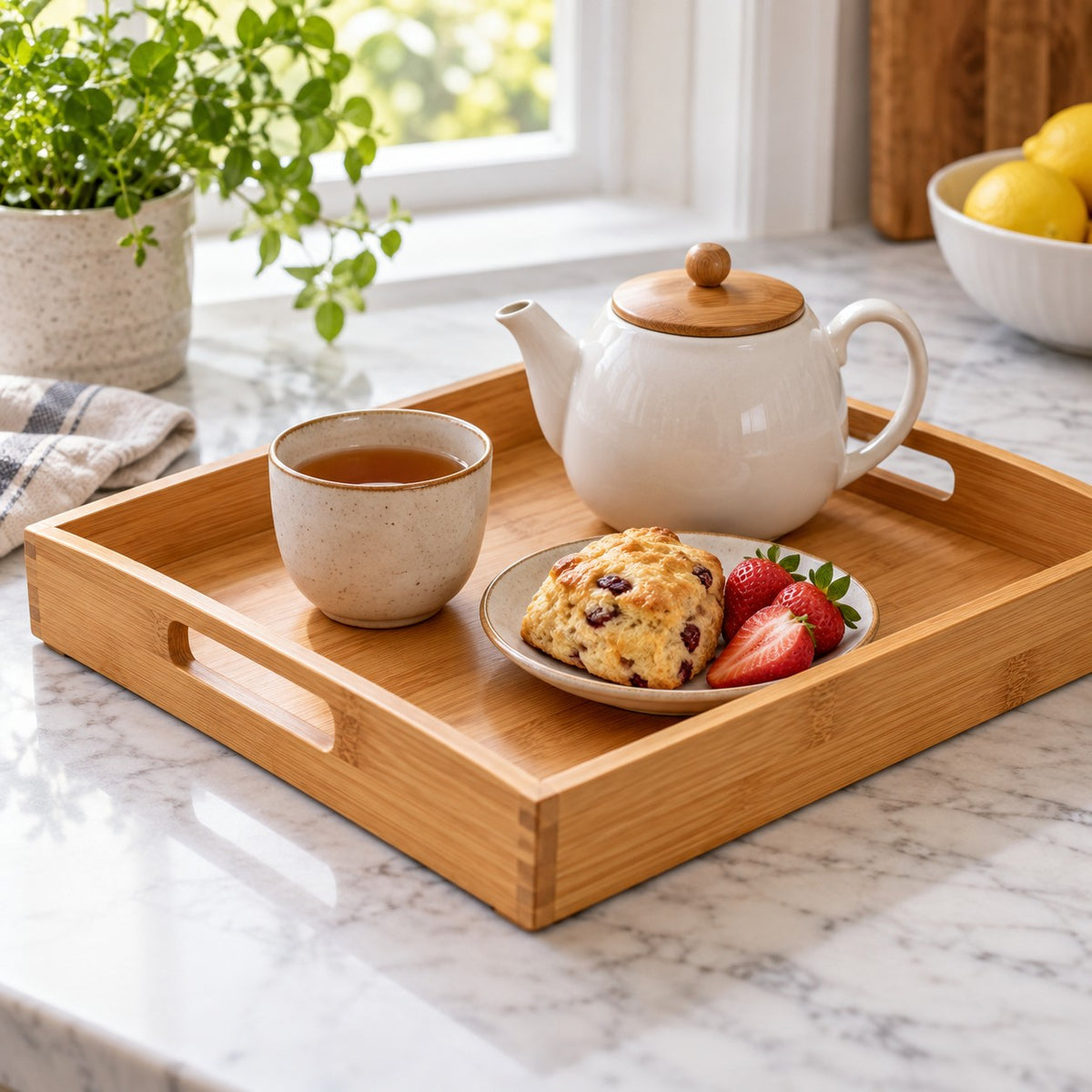 Bamboo and wood serving tray holds a teapot, cup, and plate together on a kitchen table.