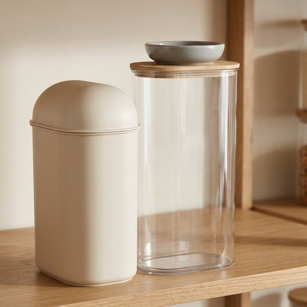 A beige capsule-shaped canister with a matching beige lid sits next to a tall clear glass jar with a light wood lid and a small gray bowl on top, displayed on a wooden shelf.
