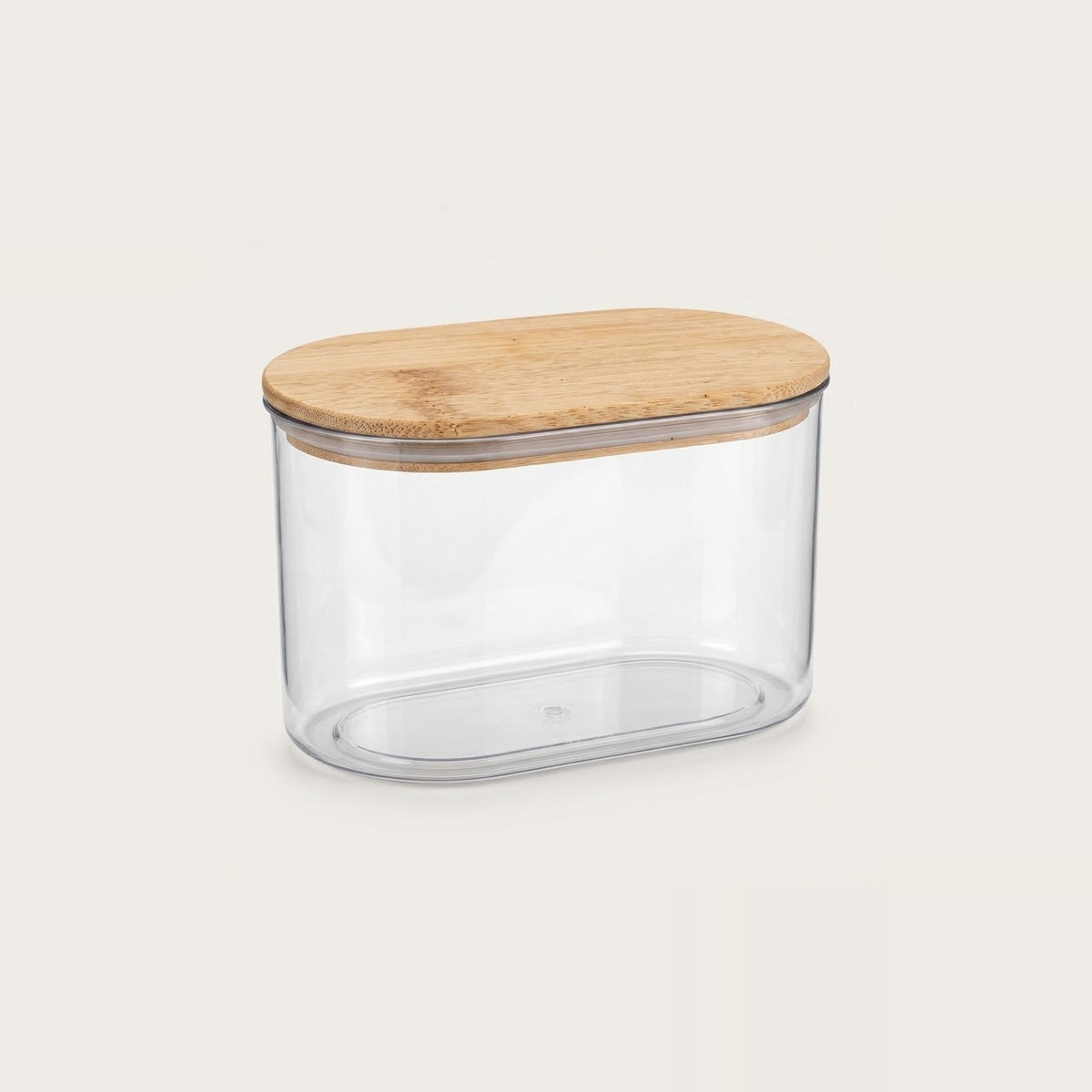 A clear plastic storage container with an oval-shaped light wood lid, shown on a solid light beige background.