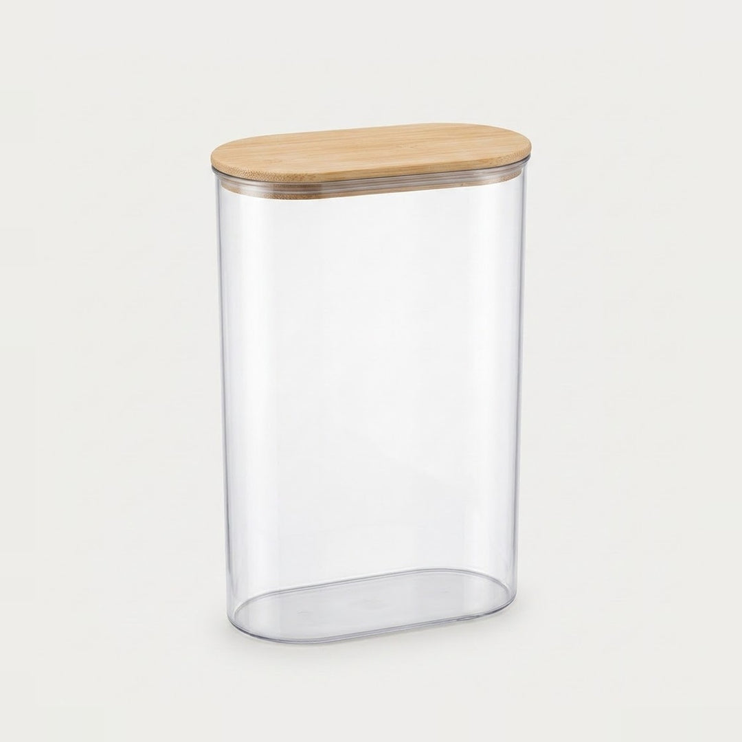 A clear cylindrical storage container with a light natural wood lid, shown on a plain light gray background.