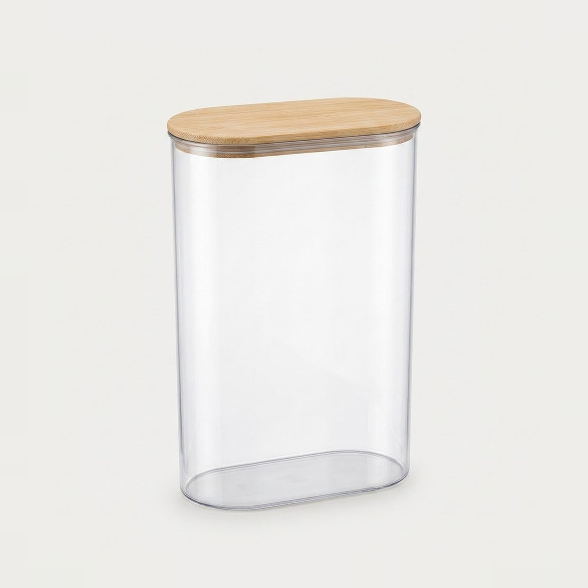 A clear cylindrical storage container with a light natural wood lid, shown on a plain light gray background.