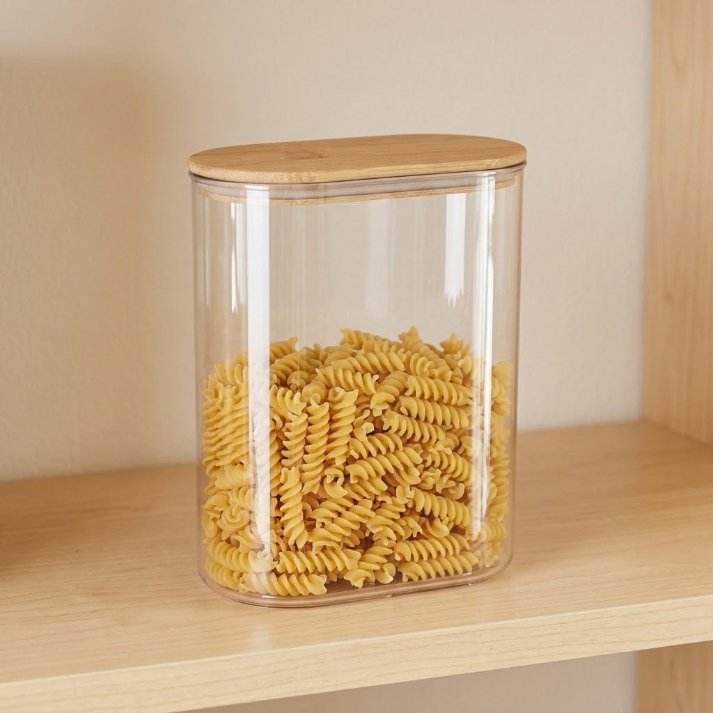 A clear cylindrical storage jar filled with rotini pasta, featuring a light natural wood lid, displayed on a wooden shelf against a beige wall.
