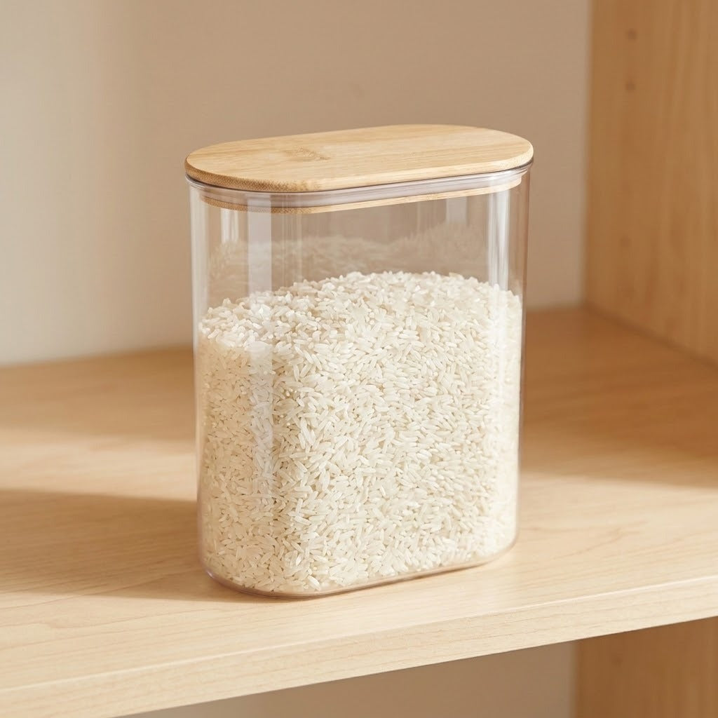 A clear rectangular plastic storage jar filled with white rice, featuring a light natural wood lid, sitting on a light wood shelf.