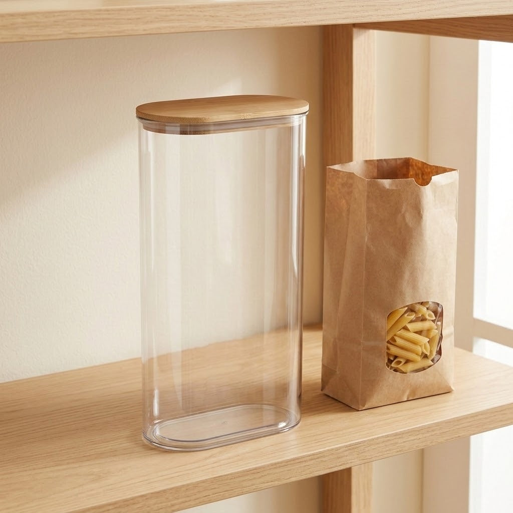 A tall clear cylindrical canister with a light wood lid sits on a wooden shelf next to a brown paper bag filled with penne pasta.