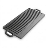 A rectangular cast iron griddle with dual handles, featuring a dark gray ribbed surface, shown on a clean white background.