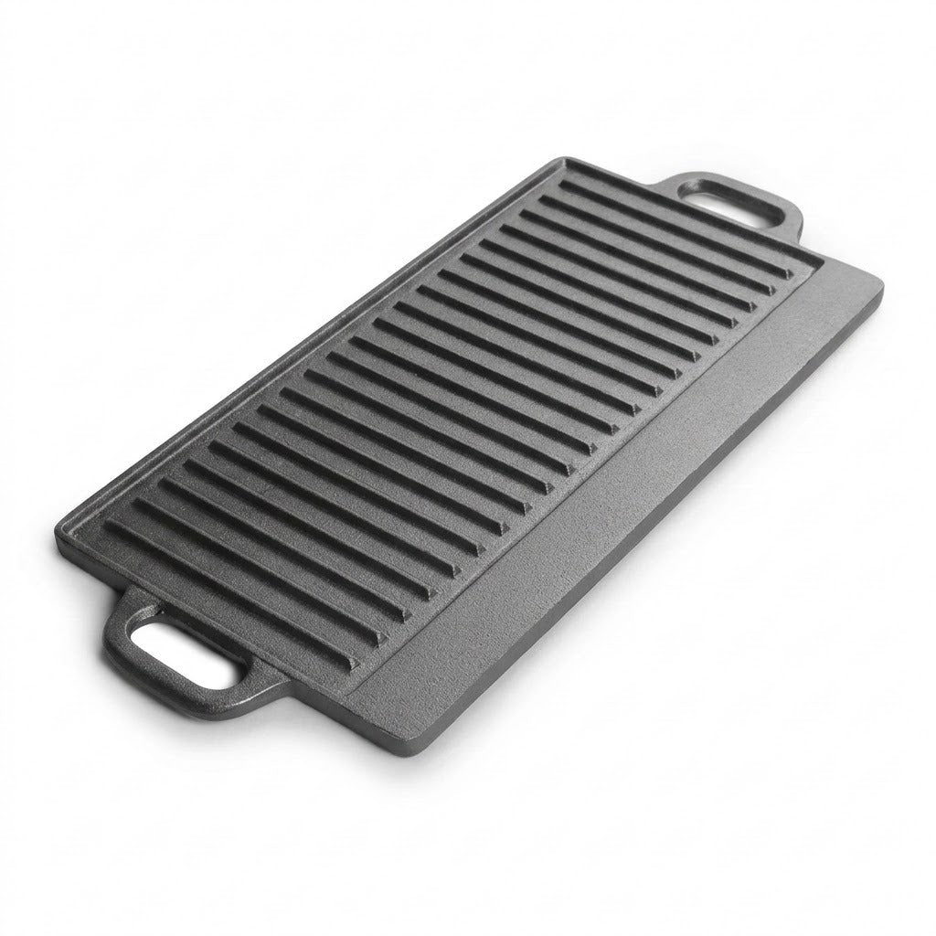 A rectangular cast iron griddle with dual handles, featuring a dark gray ribbed surface, shown on a clean white background.