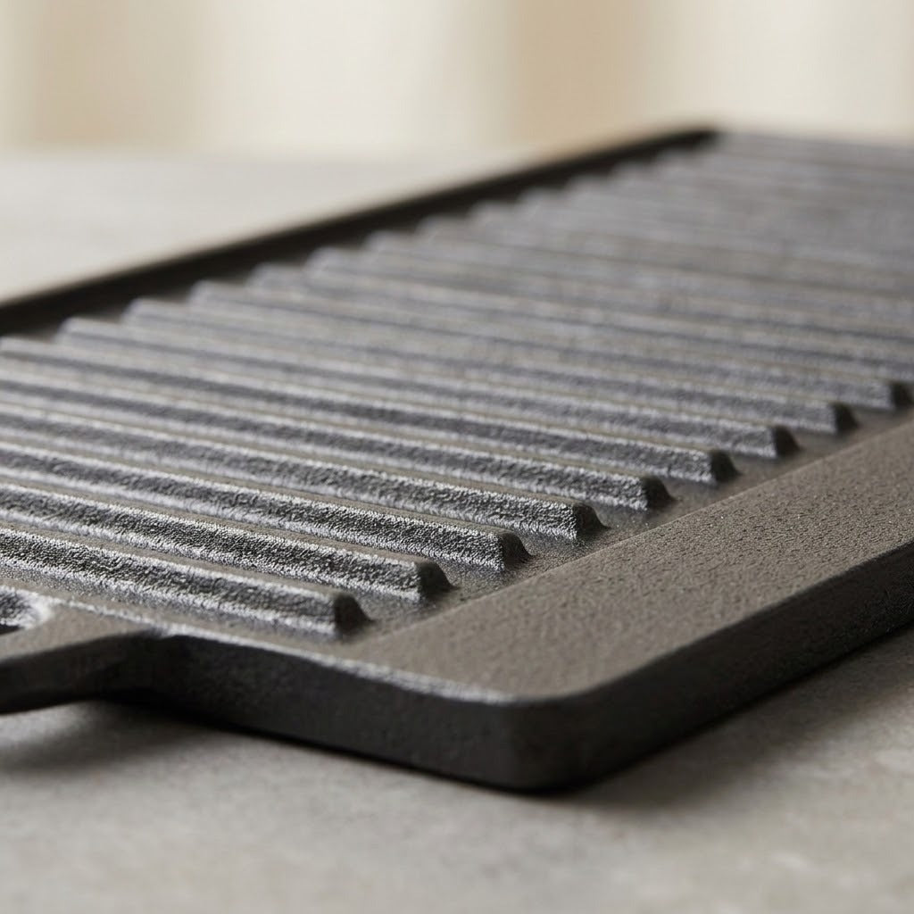Close-up of a dark cast iron grill pan with parallel ridges and a handle, resting on a neutral gray surface.