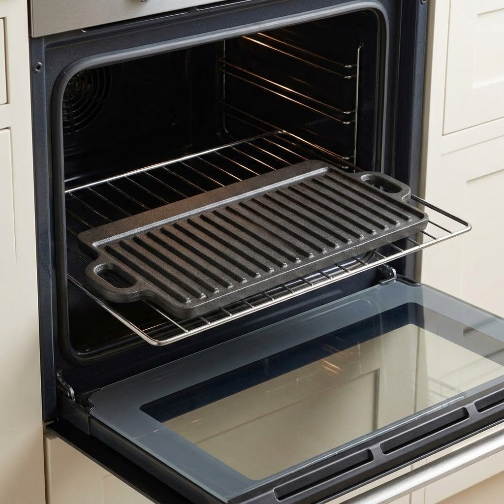 A dark cast iron grill pan with side handles is shown on a metal oven rack inside an open built-in oven. Cream-colored kitchen cabinets are visible on both sides.