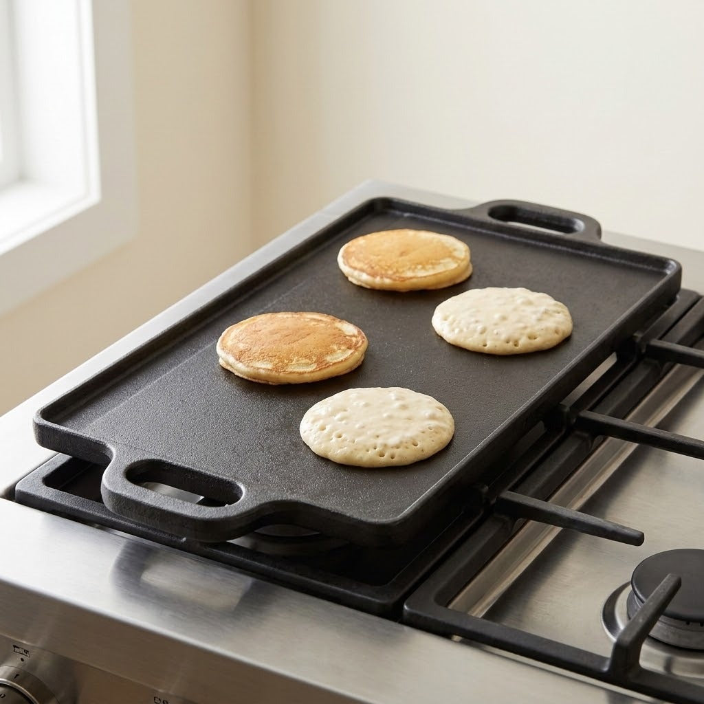 A black cast iron griddle with four pancakes cooking on it, placed on a stainless steel gas stovetop in a kitchen setting.