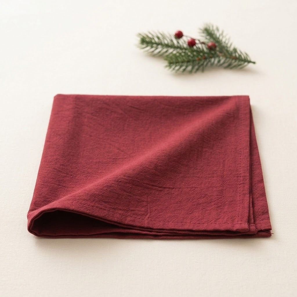 A folded deep burgundy red linen napkin on a light cream background, styled with a small green pine branch and red berries in the top right corner.