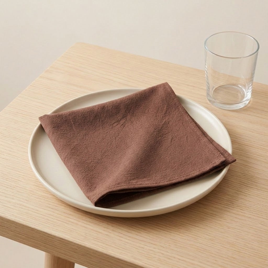 A folded brown linen napkin on a round off-white plate, set on a light wood table next to a clear glass tumbler.