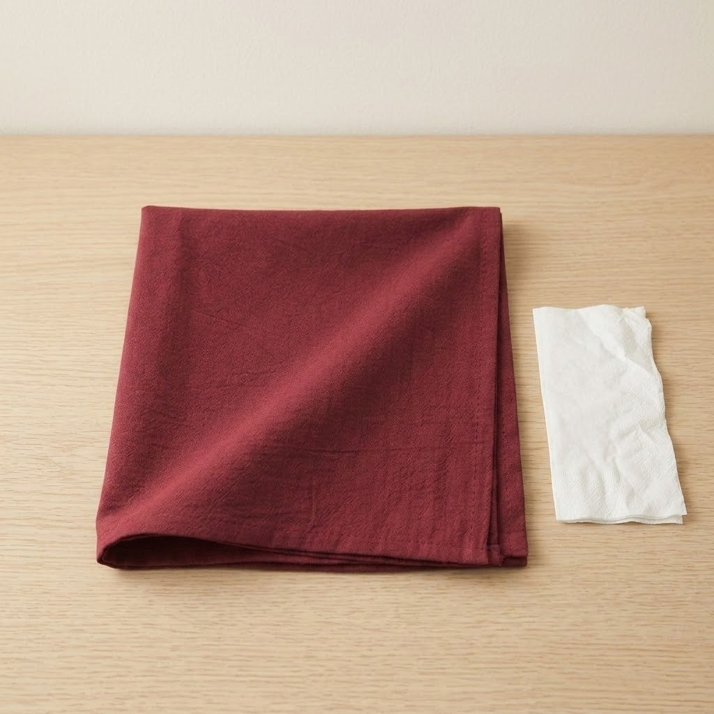 A folded deep burgundy fabric cloth, likely a napkin or table linen, displayed next to a small white paper towel on a light wood tabletop.