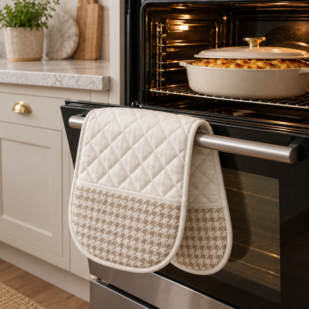 Off-white houndstooth double oven mitt beside an open oven and casserole in a kitchen.