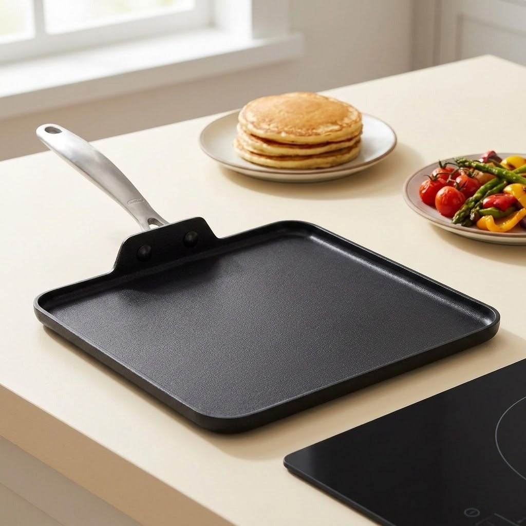 A square black non-stick griddle pan with a silver metal handle, shown on a light beige countertop next to an induction cooktop, with pancakes and a salad in the background.