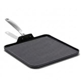 A square black non-stick skillet with a textured cooking surface and a silver metal handle, shown on a clean white background.