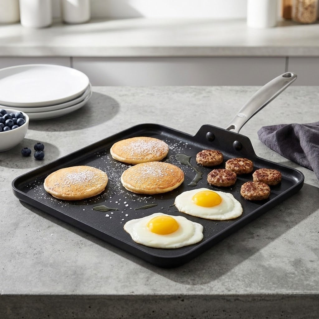 A black square griddle pan with a silver handle sits on a gray kitchen countertop, cooking pancakes, eggs, sausage, and blueberries. White plates and a bowl of blueberries are visible in the softly blurred background kitchen setting.