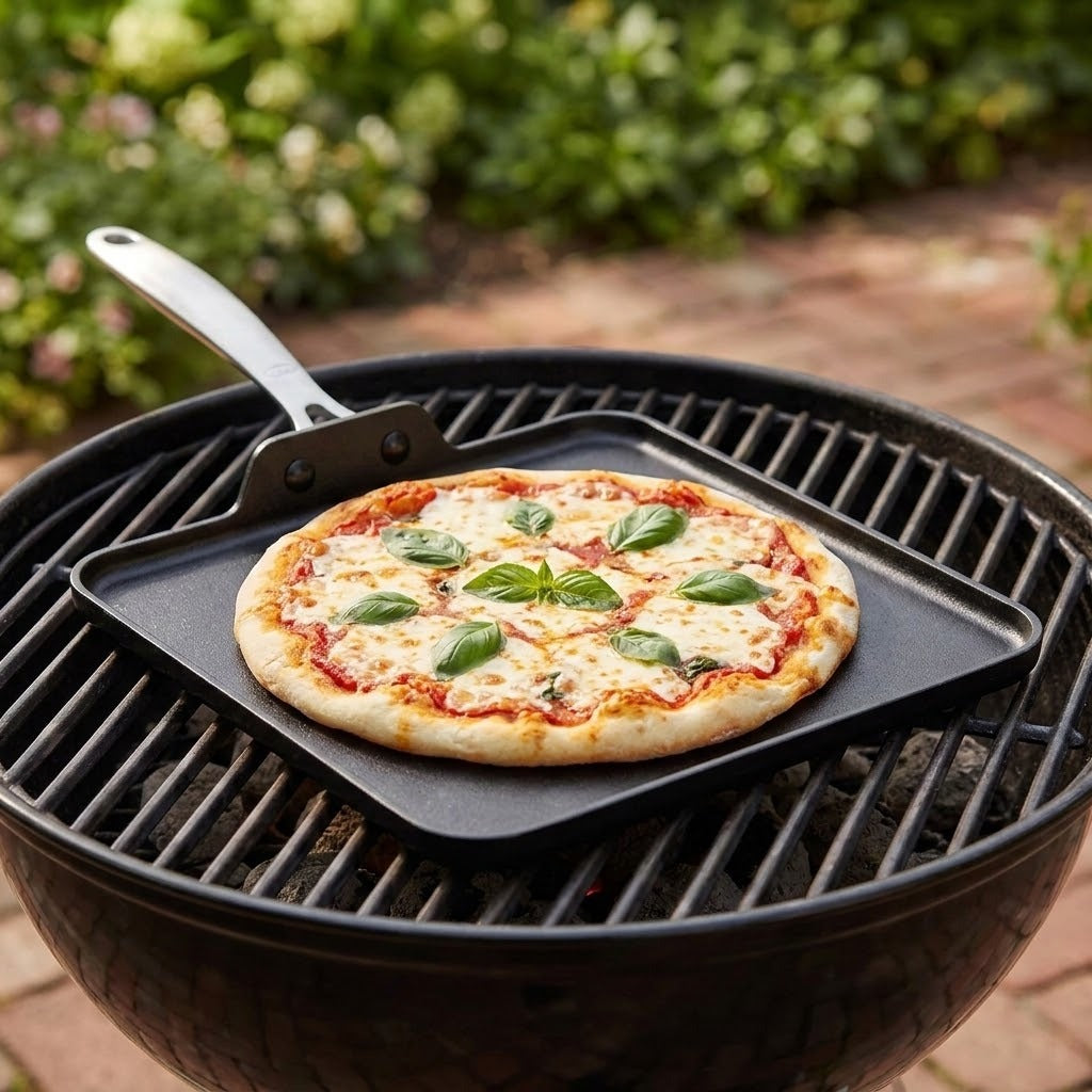 A square black cast-iron skillet with a handle sits on the grill grate of a round charcoal kettle, cooking a small pizza topped with melted cheese and fresh basil leaves.
