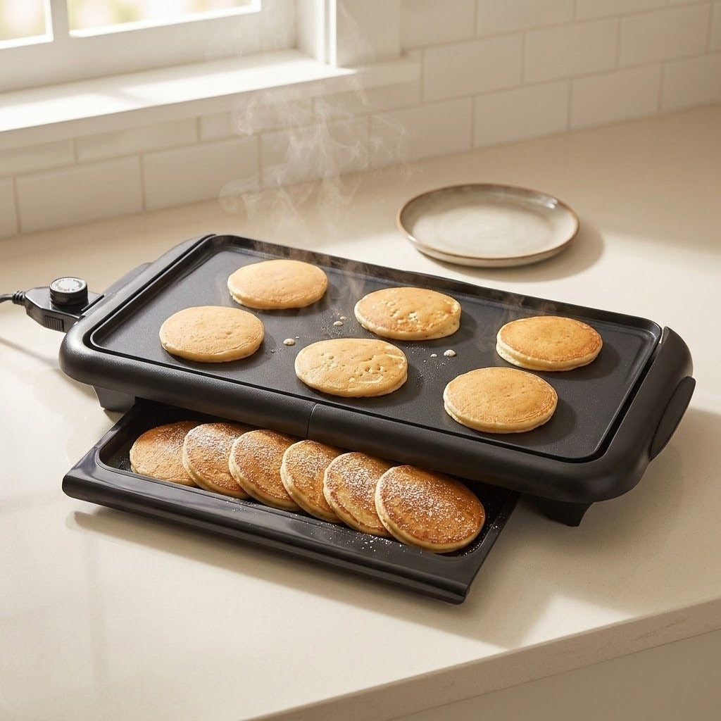 Black electric griddle with pancakes cooking on the flat top and a tray holding more pancakes below, set on a kitchen counter near a window.