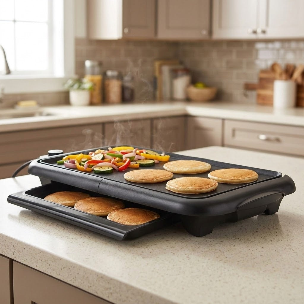 A black electric griddle with a lower tray sits on a kitchen counter, cooking pancakes and vegetables. The background shows a blurred kitchen interior with beige cabinets and a tiled backsplash.