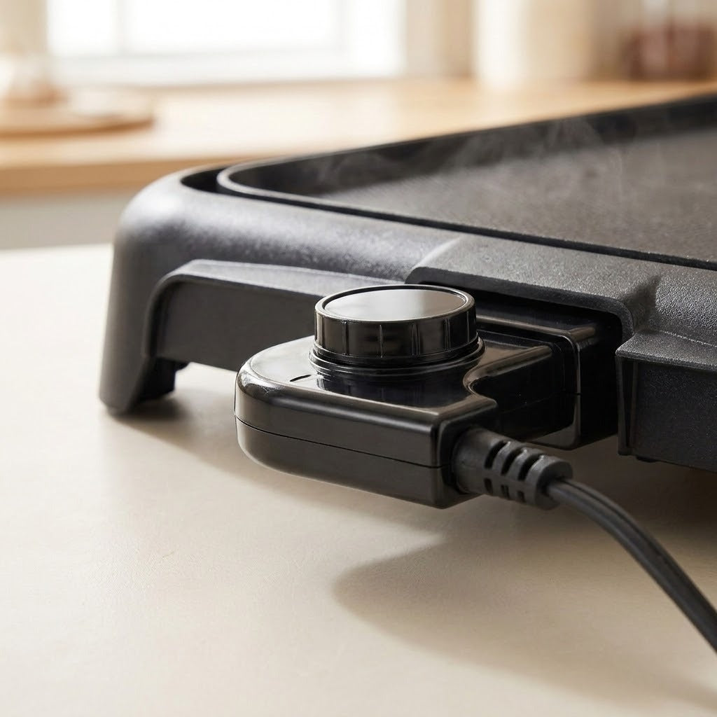Close-up of a black electric griddle or skillet with a power dial and attached cord, shown on a light countertop in a softly blurred kitchen setting.