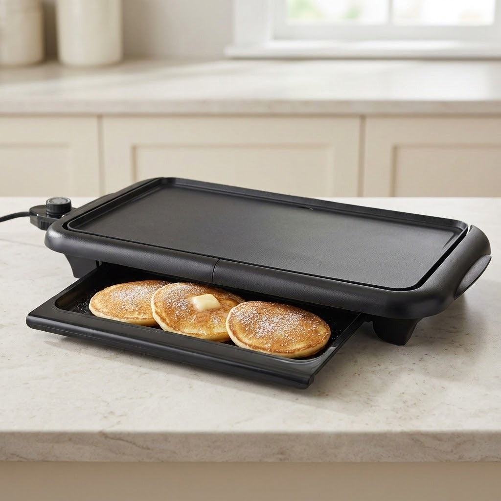 Black electric griddle with three golden-brown pancakes cooking on the flat top and a second tray holding three pancakes with butter underneath, set on a light marble kitchen countertop.