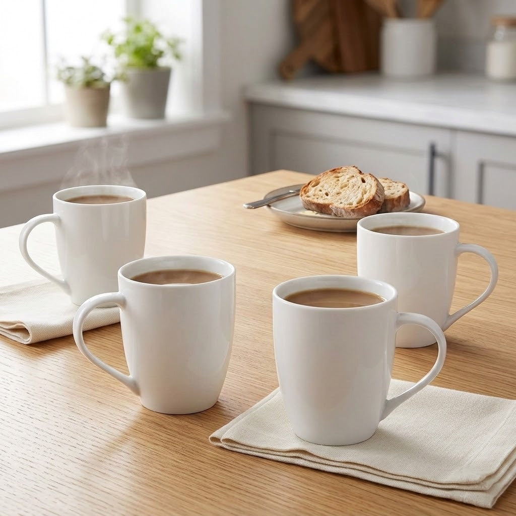 Four white ceramic mugs filled with coffee arranged on a light wood table in a bright kitchen setting, with napkins and a plate of toast nearby.