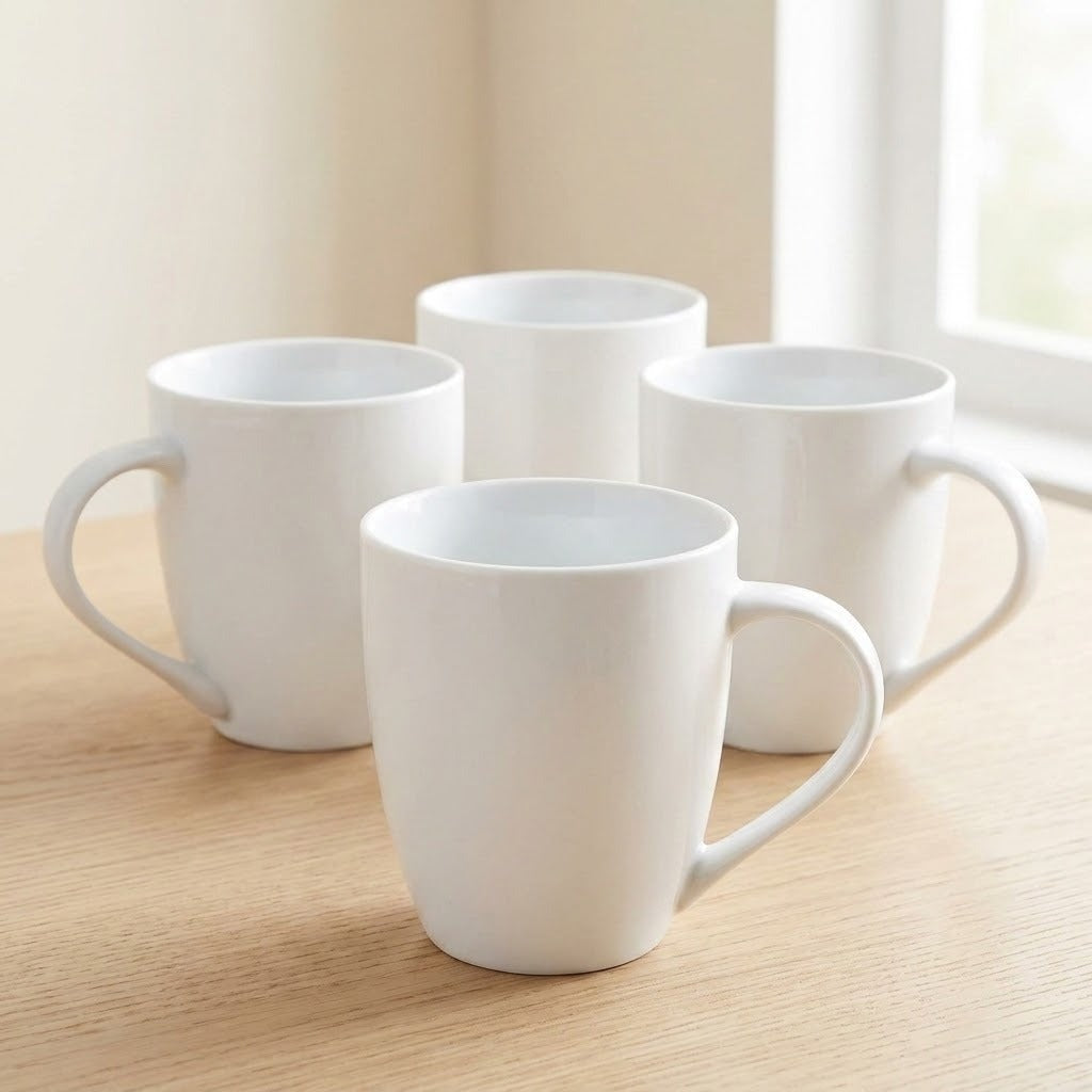 Four white ceramic mugs arranged on a light wood tabletop near a bright window.