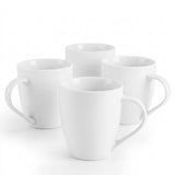 Four white ceramic mugs arranged in a cluster on a clean white background.