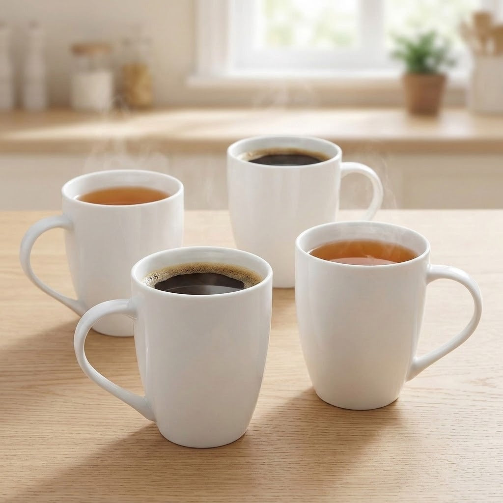 Four white ceramic mugs on a light wood table in a bright kitchen setting, with three filled with coffee and one with tea.