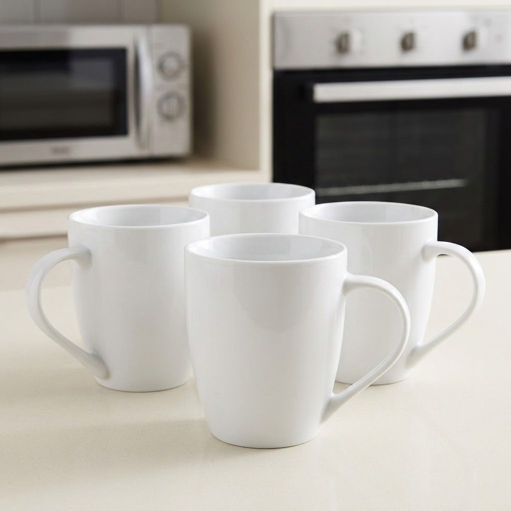 Four white ceramic mugs arranged on a light countertop in a kitchen setting, with a blurred microwave and oven in the background.