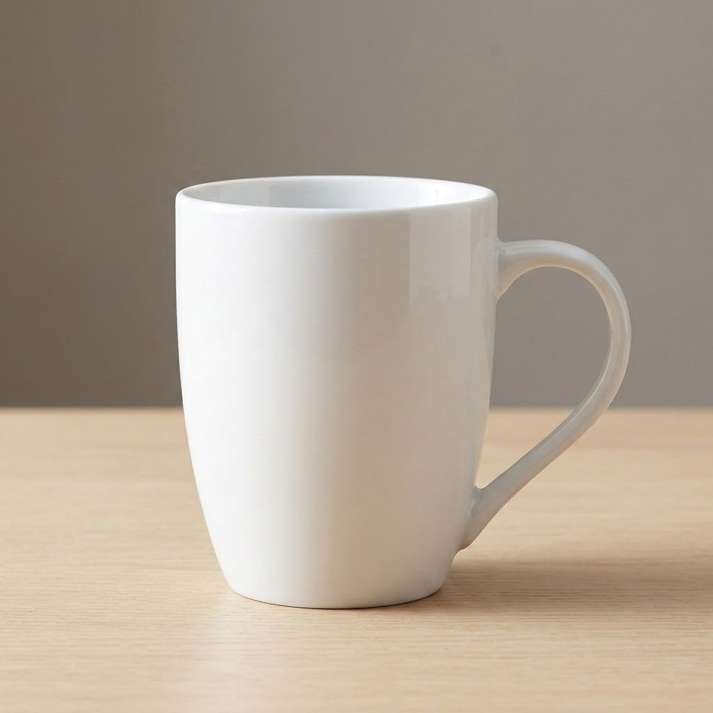 A plain white ceramic mug with a curved handle, sitting on a light wood tabletop against a neutral gray background.