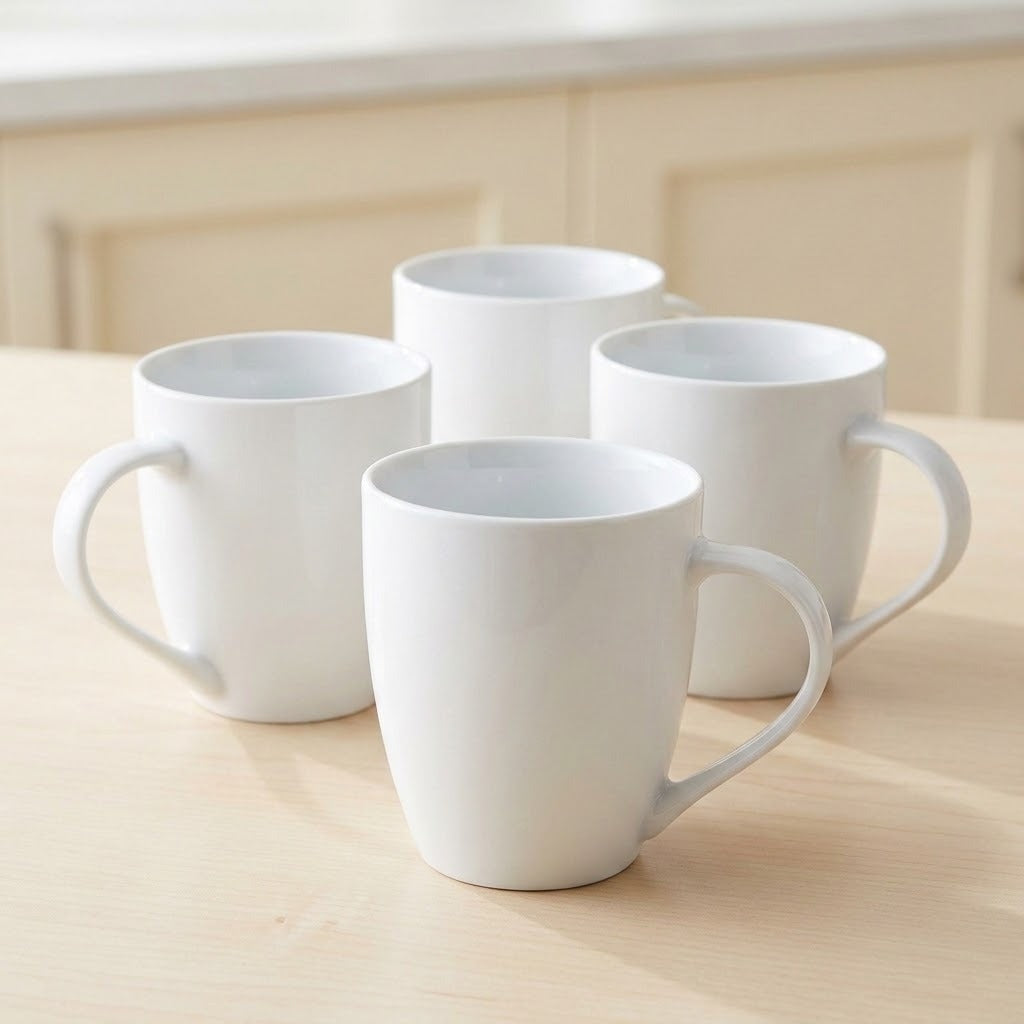 Four white ceramic mugs arranged on a light wood tabletop with a softly blurred cream kitchen background.
