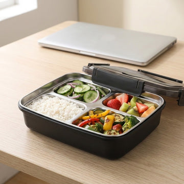 A black compartment lunch box filled with rice, sliced cucumbers, mixed vegetables, and fruit, sitting on a light wood desk with a closed laptop in the background.