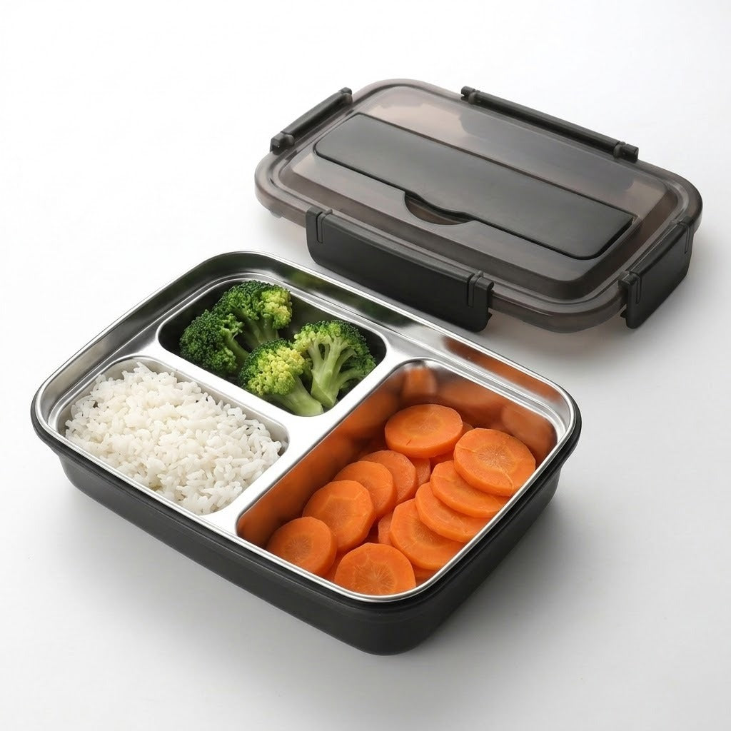 A black and stainless steel compartment lunch box with food inside, shown open with its lid placed behind it on a light gray background.