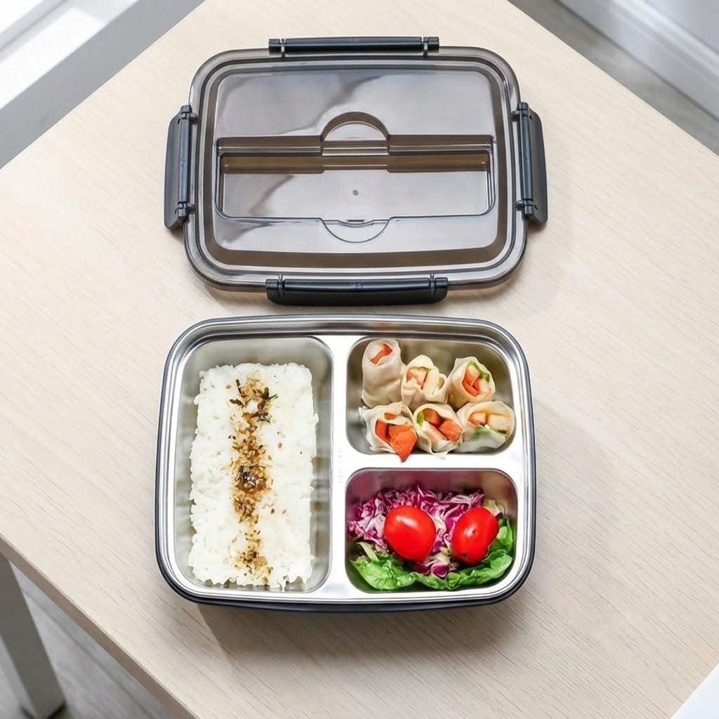 A stainless steel 3-compartment bento lunch box with a clear plastic lid, shown open on a light wood table. The compartments are filled with white rice, spring roll wrappers, and a small salad with red tomatoes.