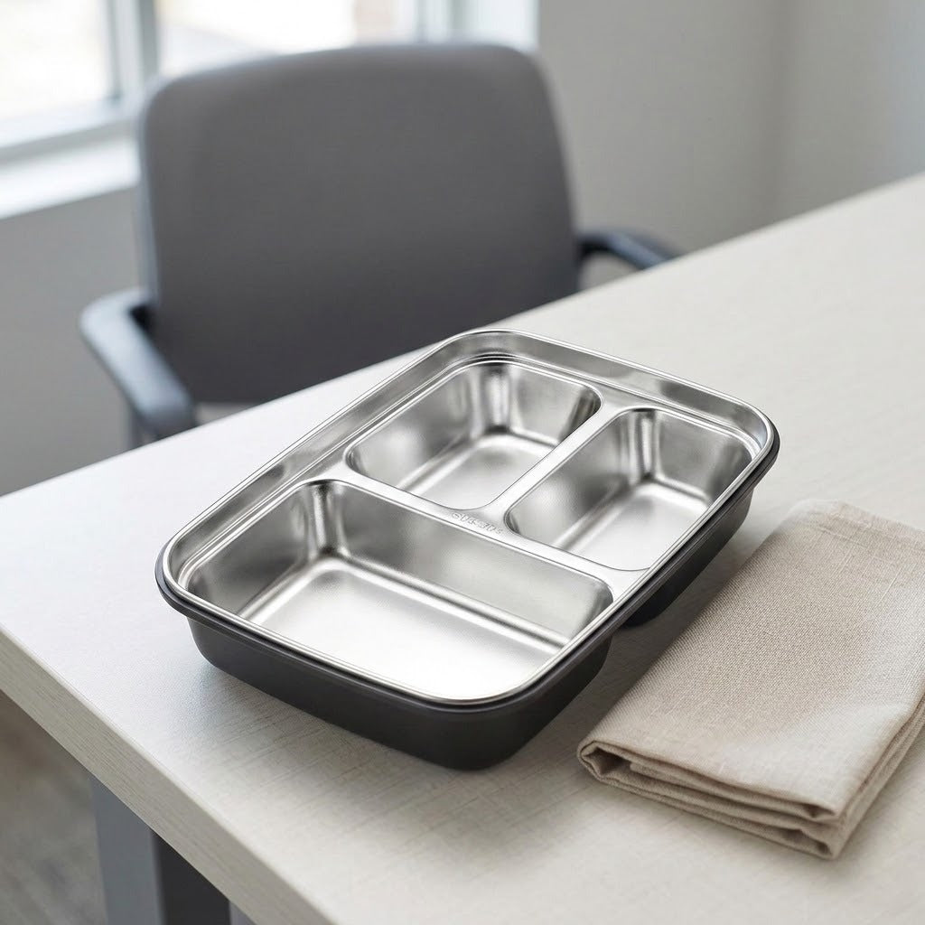 A stainless steel divided lunch tray with a black base, placed on a light-colored table next to a folded beige napkin, with an office chair blurred in the background.