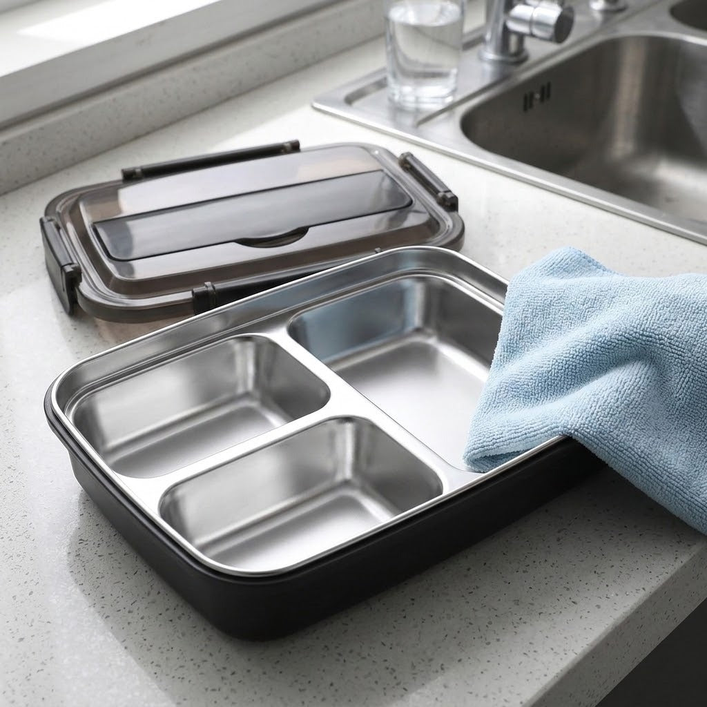 A stainless steel three-compartment lunch tray with a black outer base and a translucent lid, shown on a kitchen countertop next to a sink with a blue towel draped over the side.