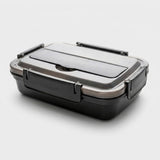 A black rectangular lunch box with a hinged lid, featuring a metallic silver rim and black latches, shown on a light gray background.