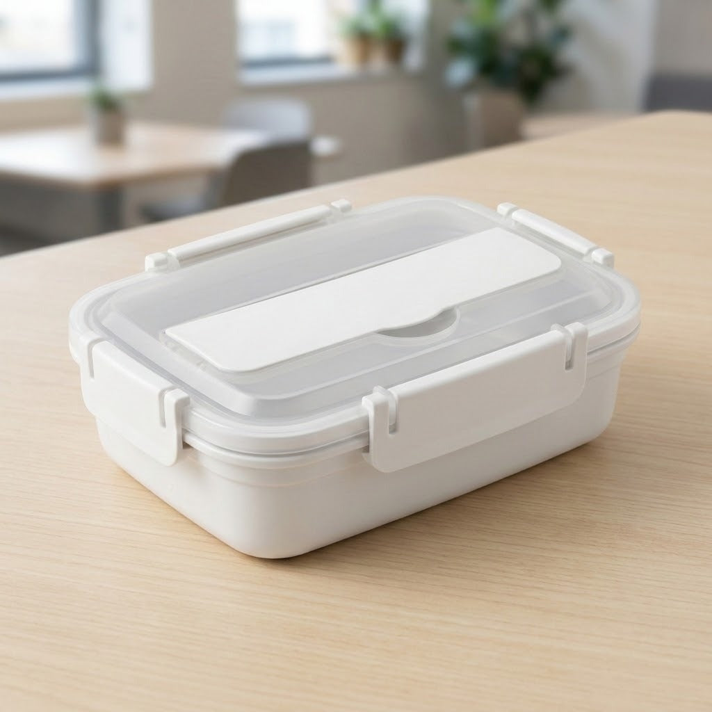 A white rectangular food storage container with a clear lid and secure latches, resting on a light wood table with a blurred indoor background.