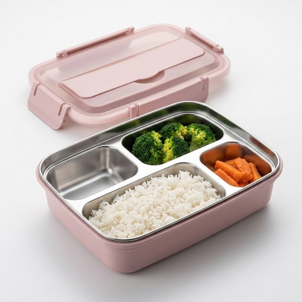 A pink compartment bento lunch box with a stainless steel interior, shown with white rice, broccoli, and carrots, with its matching pink lid placed behind it on a clean white background.