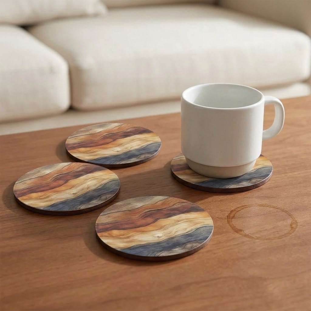 Four round wooden coasters with a natural wavy grain pattern in brown, beige, and gray tones, shown on a wooden table with a white ceramic mug resting on one of them.