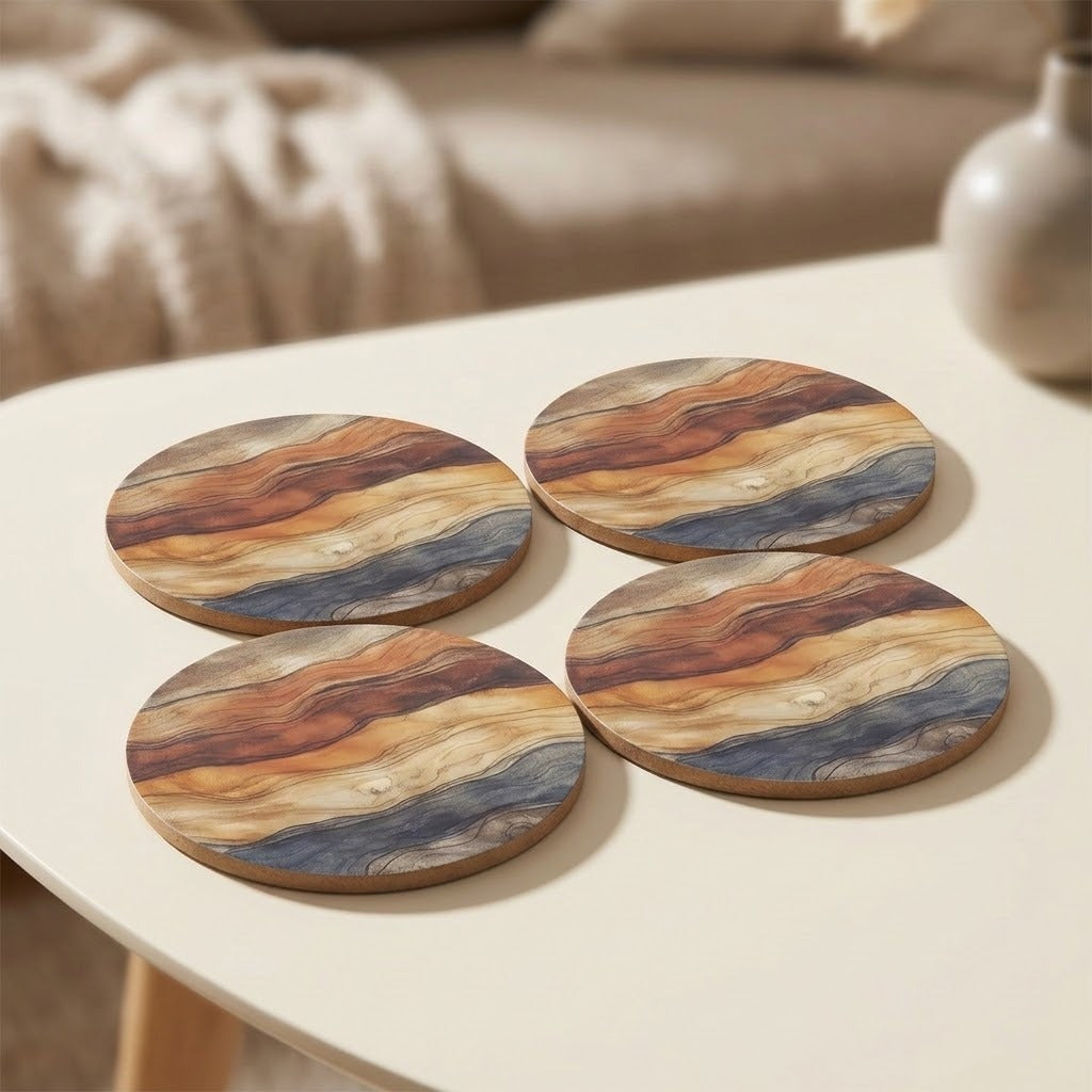 Four round coasters with a wavy, marbled wood grain pattern in shades of brown, beige, and blue, arranged on a white table in a cozy living room setting.